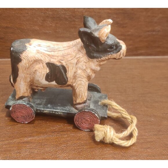 Rustic Plastic Wood-like Carved Black Spotted Cow on Pull Cart Farm Barn Decor - Picture 3 of 11